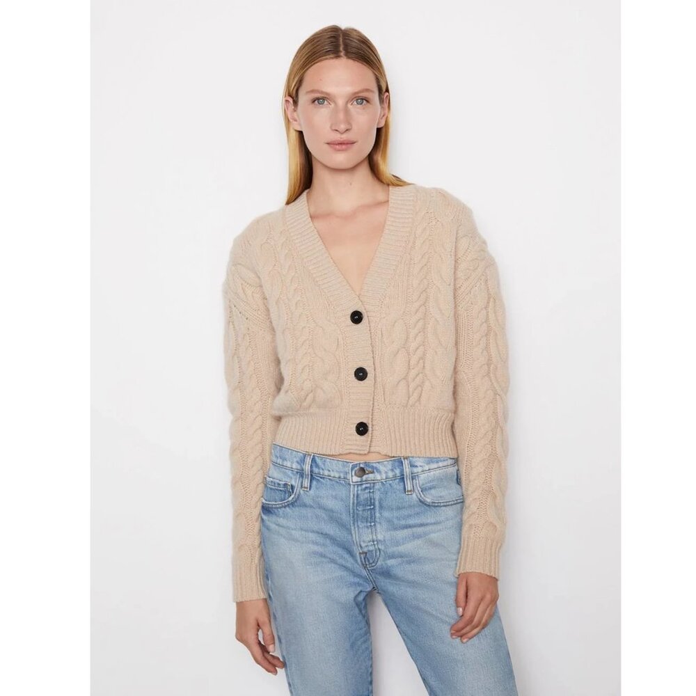 FRAME Cable Button Down Extra Fine Merino Cardigan Oatmeal S
